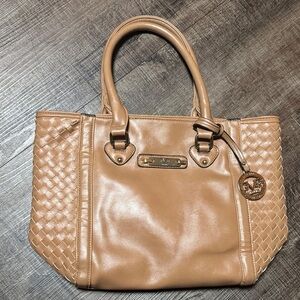 Versace 1969 Tan Leather Tote with Woven Details